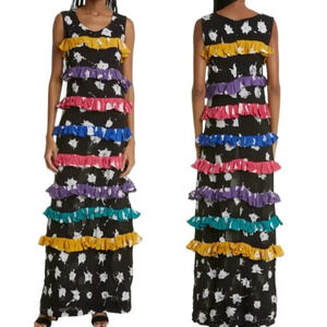 BUSAYO Ropo Splatter Print Tiered Ruffle Maxi Dress Black Size M NWT
